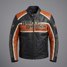 Laden Sie das Bild in den Galerie-Viewer, Herren Harley-Stil Leder-Racing-Jacke – Ikonische orange-schwarze Trikolor-Moto