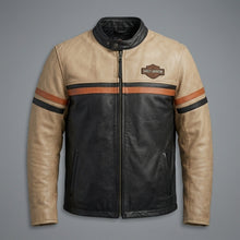 Laden Sie das Bild in den Galerie-Viewer, Harley-Style Motorrad-Lederjacke für Herren – Heritage Edition Cremefarben & Schwarz