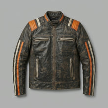 Laden Sie das Bild in den Galerie-Viewer, Herren-Lederjacke im Retro-Streifen-Design – Moto-Style in limitierter Auflage