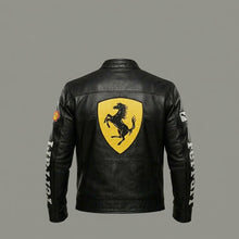 Load image into Gallery viewer, Men’s Leather Racing Jacket – Embroidered Chest Script Edition