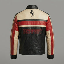 Load image into Gallery viewer, Men’s Black Leather Moto Jacket – Orange & Grey Accent Racing Style