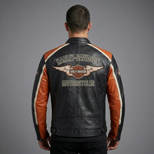 Laden Sie das Bild in den Galerie-Viewer, Herren Harley-Stil Leder-Racing-Jacke – Ikonische orange-schwarze Trikolor-Moto