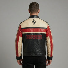 Load image into Gallery viewer, Men’s Black Leather Moto Jacket – Orange & Grey Accent Racing Style
