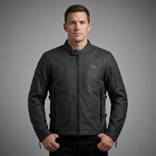 Load image into Gallery viewer, Men’s Matte Black Leather Biker Jacket – Adjustable Buckle Moto Style