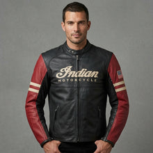 Load image into Gallery viewer, Men’s Vintage Indian-Style Leather Racing Jacket – Red & Black Moto Style