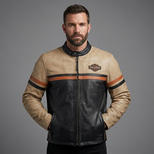 Laden Sie das Bild in den Galerie-Viewer, Harley-Style Motorrad-Lederjacke für Herren – Heritage Edition Cremefarben & Schwarz