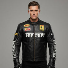 Load image into Gallery viewer, Men’s Leather Racing Jacket – Embroidered Chest Script Edition