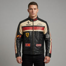 Load image into Gallery viewer, Men’s Black Leather Moto Jacket – Orange & Grey Accent Racing Style
