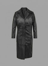 Laden Sie das Bild in den Galerie-Viewer, Damen Schwarzer Echtleder-Mantel – Klassischer eleganter Trenchcoat
