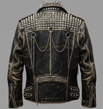 Laden Sie das Bild in den Galerie-Viewer, Herren Schwarze Spiked & Studded Leder Bikerjacke – Echter Moto Style