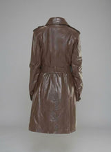 Load image into Gallery viewer, Women’s Brown Leather Trench Coat – Elegant Classic Long Overcoat