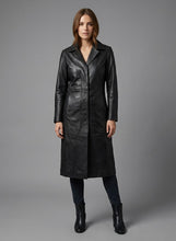 Laden Sie das Bild in den Galerie-Viewer, Damen Schwarzer Echtleder-Mantel – Klassischer eleganter Trenchcoat