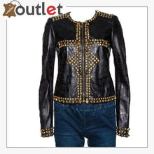 Laden Sie das Bild in den Galerie-Viewer, Black Embossed Leather Studded Zip Front Jacket