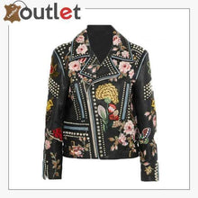 Laden Sie das Bild in den Galerie-Viewer, Rose Handpainted Silver Studded Biker Jacket