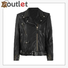 Laden Sie das Bild in den Galerie-Viewer, Black Leather Silver Studded Biker Jacket - Leather Outlet
