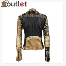 Laden Sie das Bild in den Galerie-Viewer, Handmade Womens Fashion Golden Studded Punk Style Leather Jacket