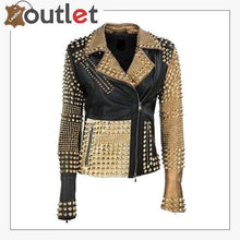 Laden Sie das Bild in den Galerie-Viewer, Handmade Womens Fashion Golden Studded Punk Style Leather Jacket