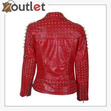 Laden Sie das Bild in den Galerie-Viewer, Handmade Womens Red Fashion Studded Punk Style Leather Jacket