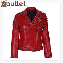 Laden Sie das Bild in den Galerie-Viewer, Handmade Womens Red Fashion Studded Punk Style Leather Jacket