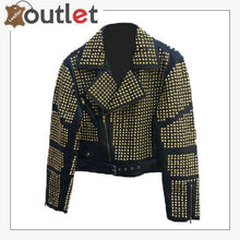 Laden Sie das Bild in den Galerie-Viewer, Handmade Womens Black Fashion Golden Studded Punk Style Leather Jacket