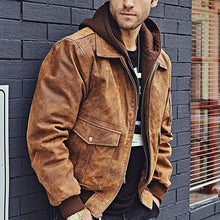 Laden Sie das Bild in den Galerie-Viewer, Air Force Aviator Hooded Leather Bomber Jacket