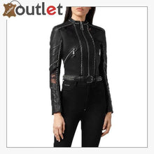 Laden Sie das Bild in den Galerie-Viewer, Black Lambskin Spike-Studded Biker Jacket
