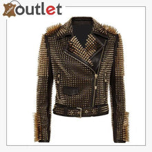 Laden Sie das Bild in den Galerie-Viewer, Black Leather Golden Spike Studded Punk Style Biker Jacket