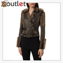 Laden Sie das Bild in den Galerie-Viewer, Black Leather Golden Spike Studded Punk Style Biker Jacket