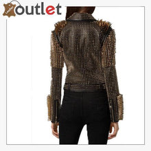 Laden Sie das Bild in den Galerie-Viewer, Black Leather Golden Spike Studded Punk Style Biker Jacket