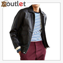 Laden Sie das Bild in den Galerie-Viewer, Black Shirt Style Leather Bomber Jacket - Leather Outlet