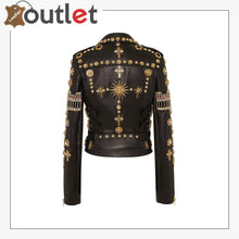 Load image into Gallery viewer, Black & Golden Embroidered Studded Leather Jacket - Leather Outlet