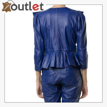 Laden Sie das Bild in den Galerie-Viewer, Blue Cropped Leather Peplum Biker Jacket