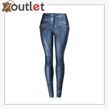 Laden Sie das Bild in den Galerie-Viewer, Blue Womens Real Leather Jeans Motorcycle Biker Pants