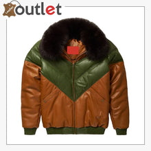 Laden Sie das Bild in den Galerie-Viewer, Brown-Green Leather Two Tone V Bomber Leather Jacket