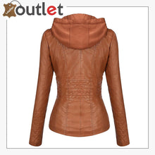 Laden Sie das Bild in den Galerie-Viewer, Brown Womens Hooded Faux Leather Fashion Jacket
