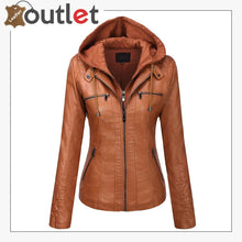 Laden Sie das Bild in den Galerie-Viewer, Brown Womens Hooded Faux Leather Fashion Jacket