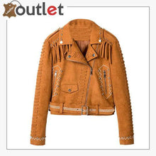Laden Sie das Bild in den Galerie-Viewer, Camel Brown Fringed Leather Studded Biker Jacket - Leather Outlet