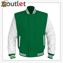 Laden Sie das Bild in den Galerie-Viewer, GREEN Wool & White Leather Varsity Jacket For Women