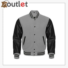 Laden Sie das Bild in den Galerie-Viewer, Gray Wool & Black Bomber Leather Varsity Jacket - Leather Outlet
