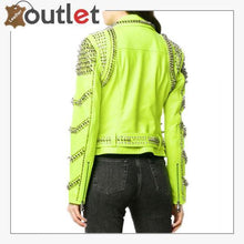 Laden Sie das Bild in den Galerie-Viewer, Green Leather Studded Biker Jacket