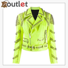 Laden Sie das Bild in den Galerie-Viewer, Green Leather Studded Biker Jacket