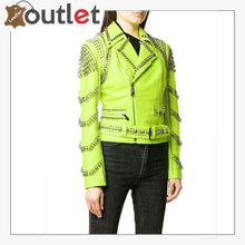 Laden Sie das Bild in den Galerie-Viewer, Green Leather Studded Biker Jacket