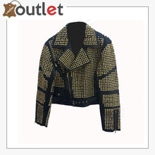 Laden Sie das Bild in den Galerie-Viewer, Handmade Womens Black Fashion Golden Studded Punk Style Leather Jacket