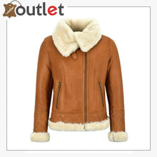 Laden Sie das Bild in den Galerie-Viewer, Ladies Sheepskin Jacket White Shearling Asymmetric Real Fur Bomber Jacket - Leather Outlet