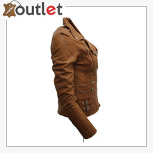 Laden Sie das Bild in den Galerie-Viewer, Ladies Tan Real 100% Lamb Nappa Leather Biker Jacket - Leather Outlet