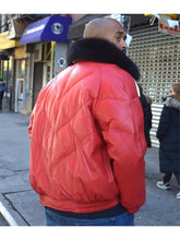 Laden Sie das Bild in den Galerie-Viewer, Multi Color Mens V Bomber Lambskin Leather Jacket With Fox Fur Collar Leather Outlet