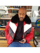Laden Sie das Bild in den Galerie-Viewer, Multi Color Mens V Bomber Lambskin Leather Jacket With Fox Fur Collar Leather Outlet