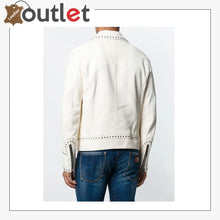 Load image into Gallery viewer, Men White Studded Leather Jacket, Motorcycle Fashion Leather Jackets