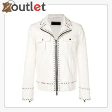 Load image into Gallery viewer, Men White Studded Leather Jacket, Motorcycle Fashion Leather Jackets