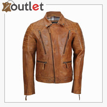 Laden Sie das Bild in den Galerie-Viewer, Men's Tan Sheep Leather Vintage Style Biker Fashion Casual Leather Jacket - Leather Outlet